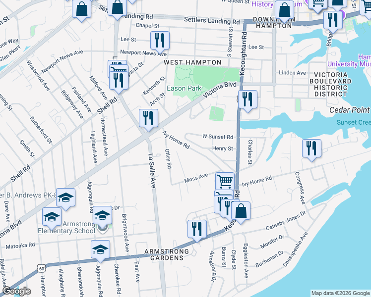 map of restaurants, bars, coffee shops, grocery stores, and more near 339 Ivy Home Road in Hampton