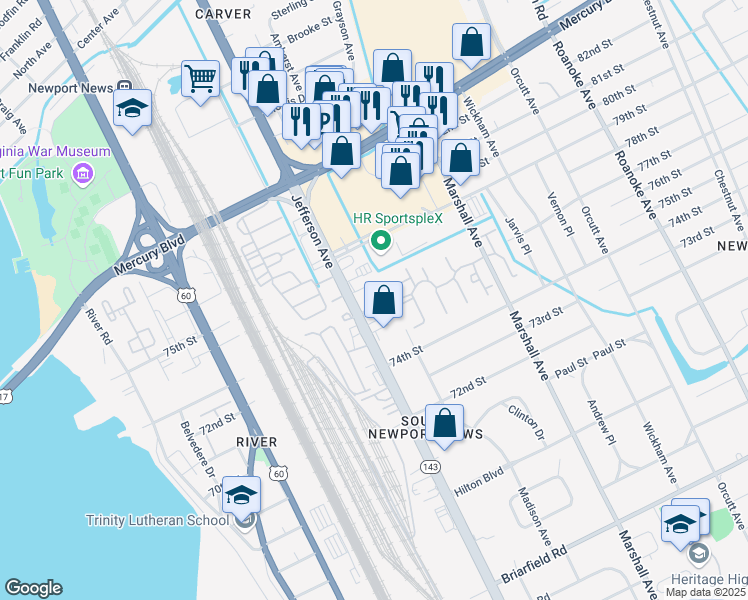 map of restaurants, bars, coffee shops, grocery stores, and more near 6012 Jefferson Avenue in Newport News