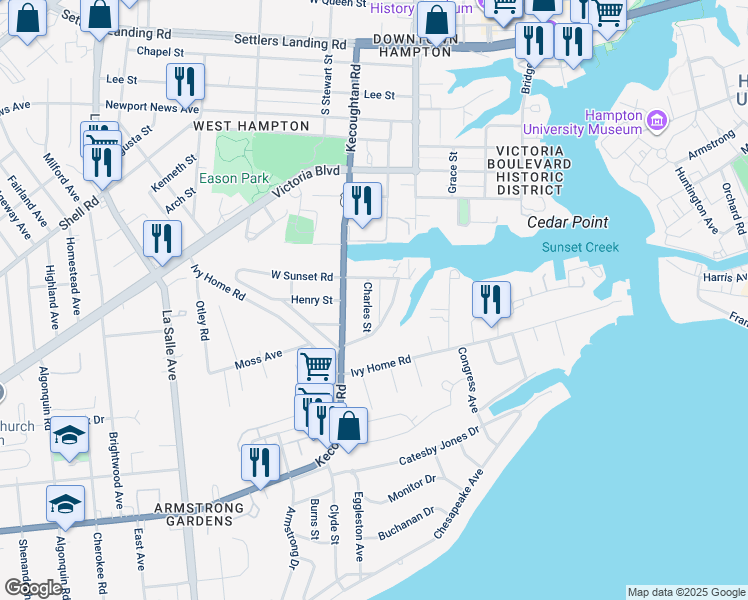 map of restaurants, bars, coffee shops, grocery stores, and more near 18 Charles Street in Hampton