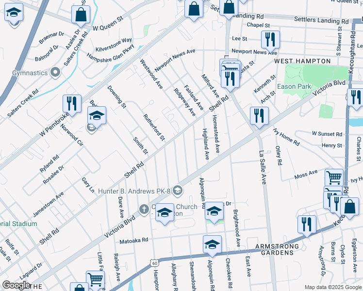 map of restaurants, bars, coffee shops, grocery stores, and more near 428 Shenandoah Road in Hampton