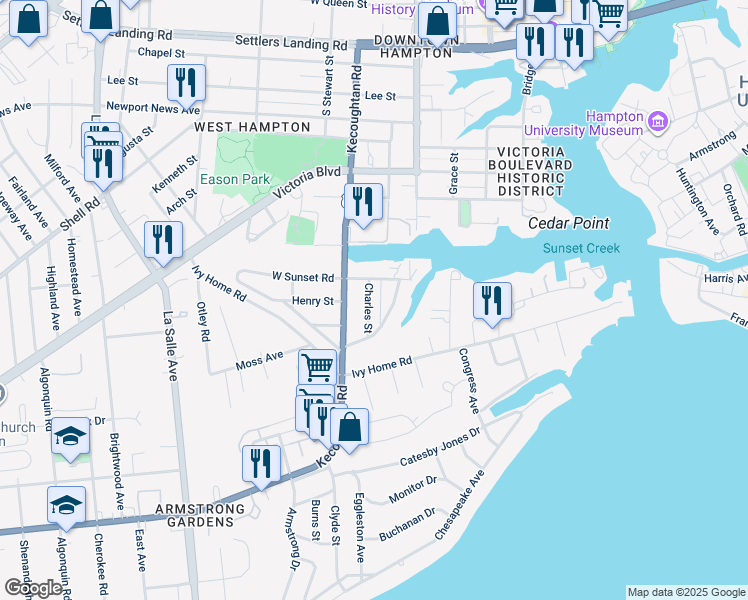 map of restaurants, bars, coffee shops, grocery stores, and more near 18 Charles Street in Hampton