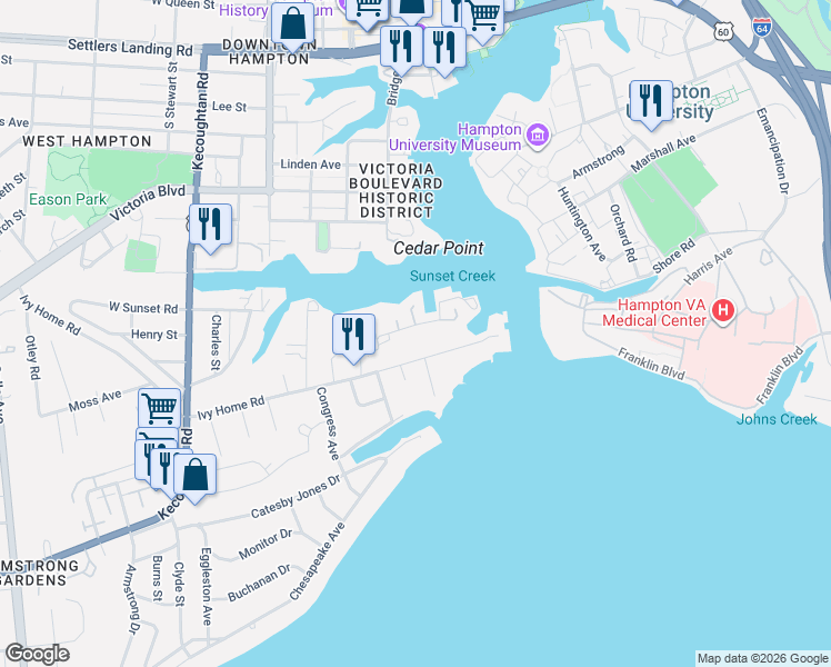 map of restaurants, bars, coffee shops, grocery stores, and more near 102 Marina Road in Hampton