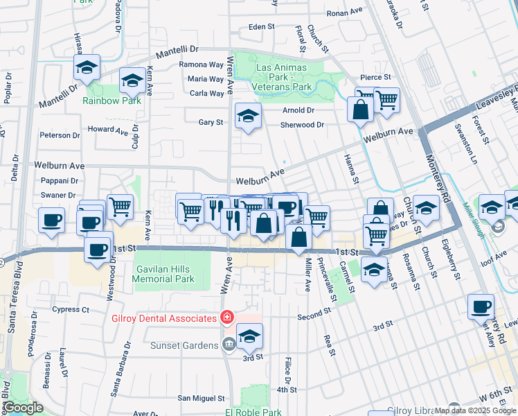 map of restaurants, bars, coffee shops, grocery stores, and more near 8217 Chiesa Drive in Gilroy