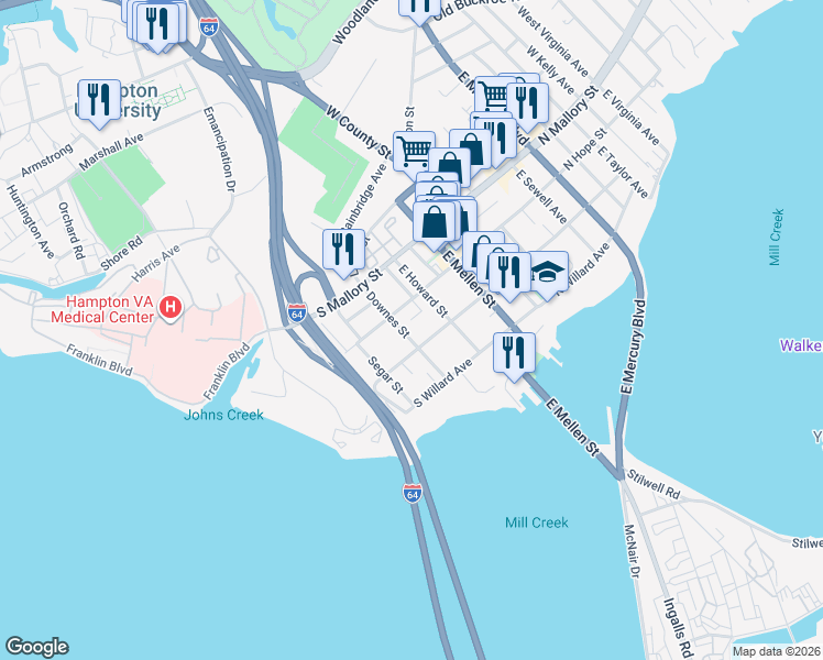 map of restaurants, bars, coffee shops, grocery stores, and more near 117 Downes Street in Hampton