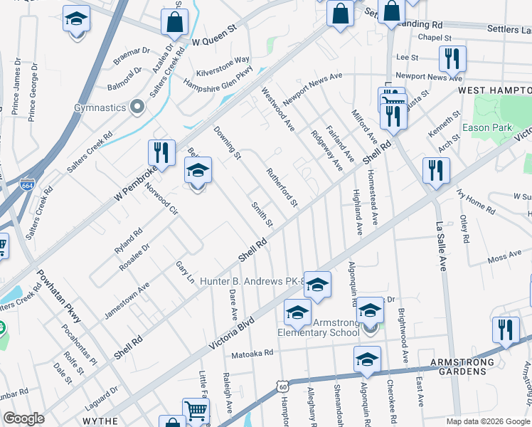 map of restaurants, bars, coffee shops, grocery stores, and more near 620 Smith Street in Hampton