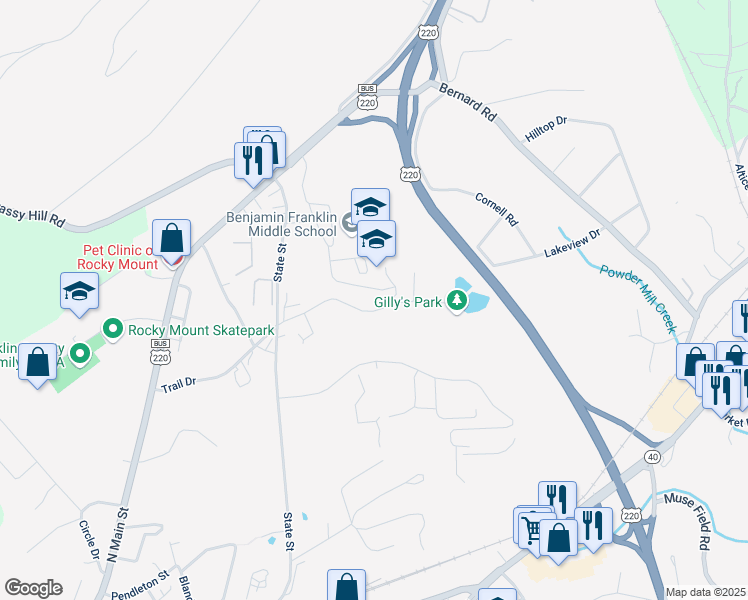 map of restaurants, bars, coffee shops, grocery stores, and more near 595 Trail Drive in Rocky Mount