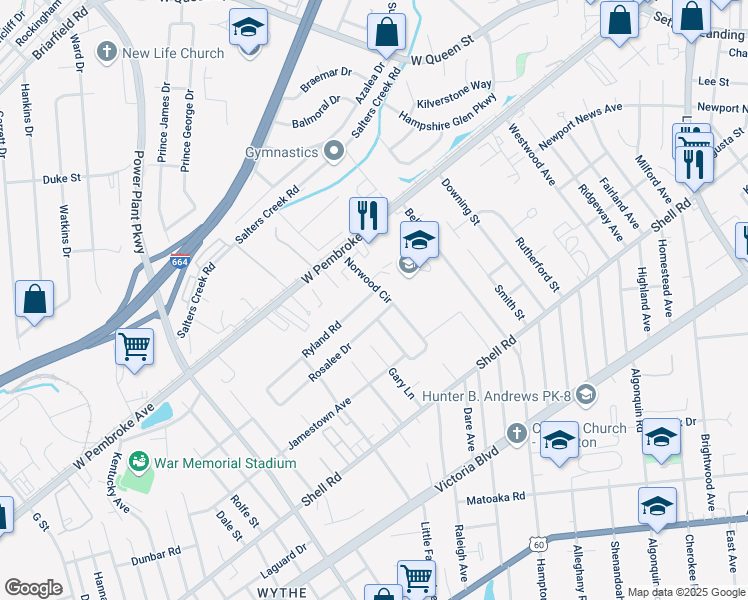 map of restaurants, bars, coffee shops, grocery stores, and more near 759 Norwood Circle in Hampton