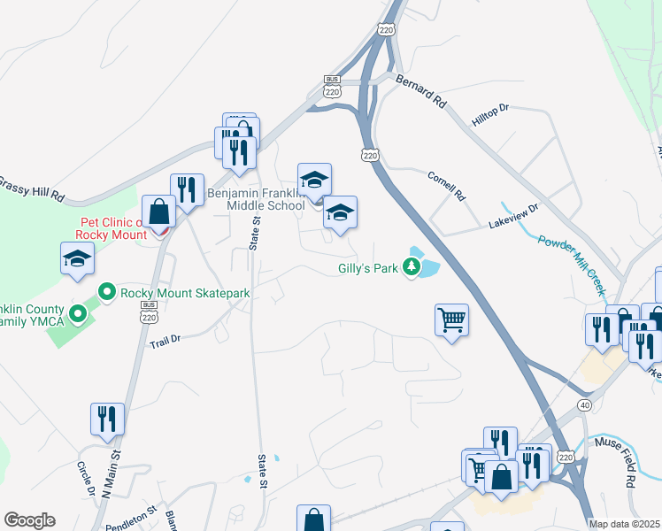 map of restaurants, bars, coffee shops, grocery stores, and more near Middle School Road in Rocky Mount