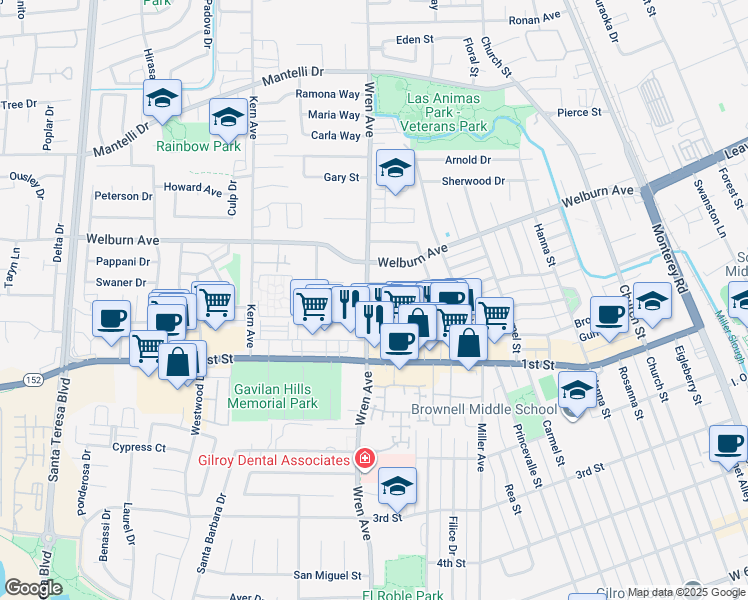 map of restaurants, bars, coffee shops, grocery stores, and more near 8210 Wren Avenue in Gilroy