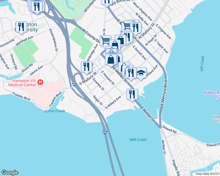 map of restaurants, bars, coffee shops, grocery stores, and more near 212 South Curry Street in Hampton