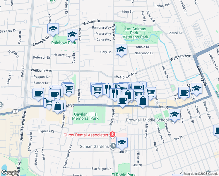 map of restaurants, bars, coffee shops, grocery stores, and more near 8205 Wren Avenue in Gilroy