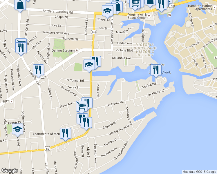 map of restaurants, bars, coffee shops, grocery stores, and more near 36 East Southampton Avenue in Hampton