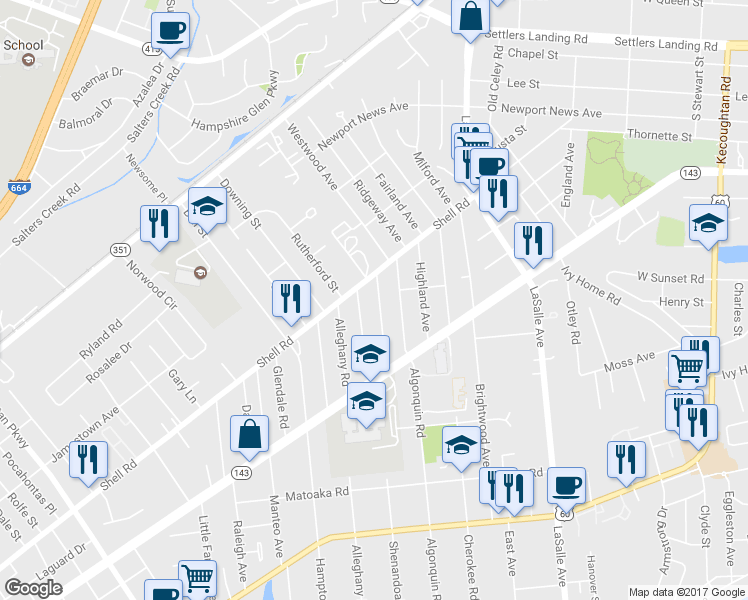 map of restaurants, bars, coffee shops, grocery stores, and more near 428 Shenandoah Road in Hampton