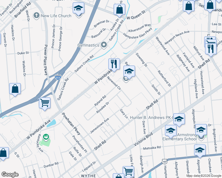 map of restaurants, bars, coffee shops, grocery stores, and more near 759 Norwood Circle in Hampton