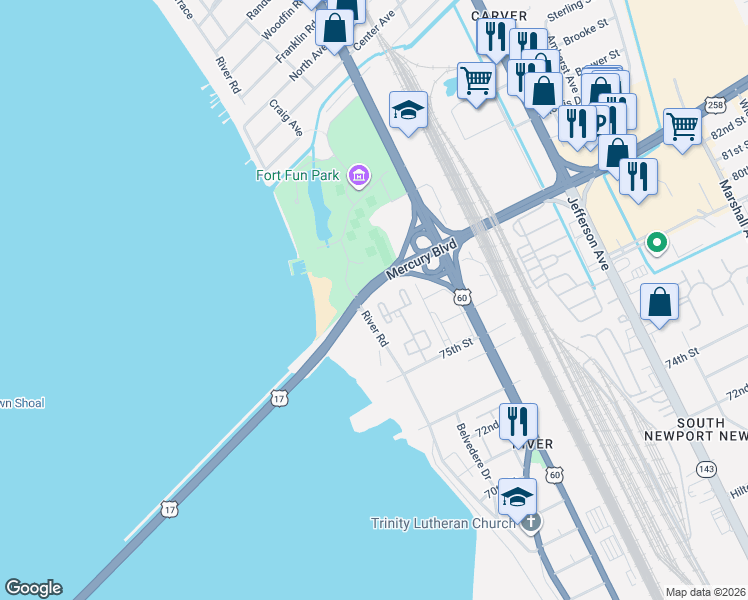 map of restaurants, bars, coffee shops, grocery stores, and more near 95 Towne Square Drive in Newport News