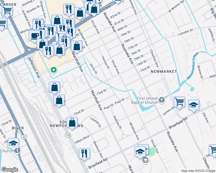 map of restaurants, bars, coffee shops, grocery stores, and more near 719 73rd Street in Newport News