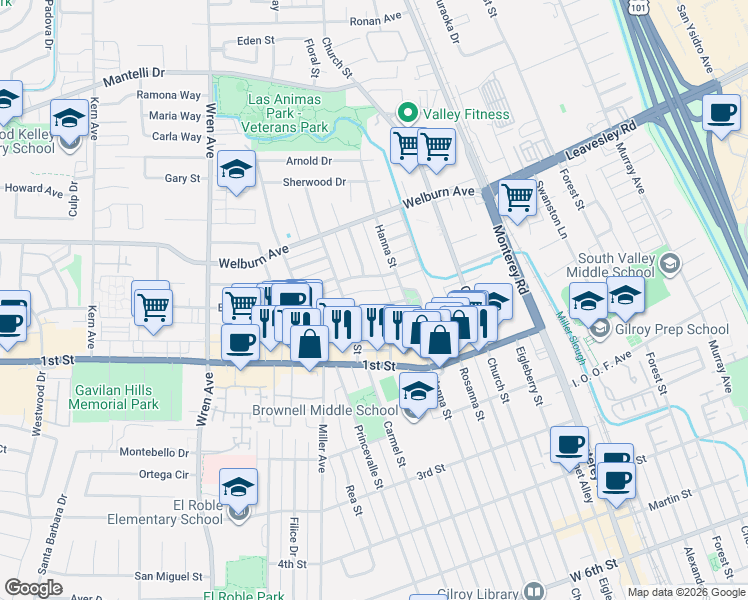 map of restaurants, bars, coffee shops, grocery stores, and more near 475 La Sierra Way in Gilroy