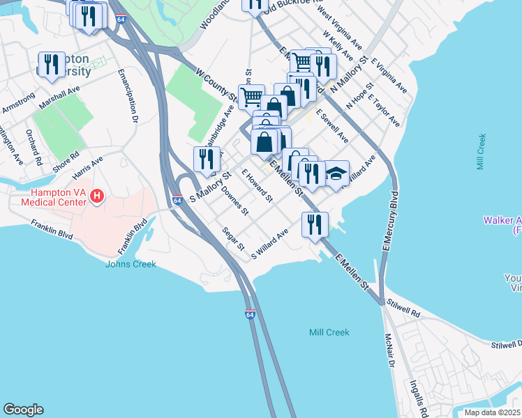 map of restaurants, bars, coffee shops, grocery stores, and more near 212 South Curry Street in Hampton