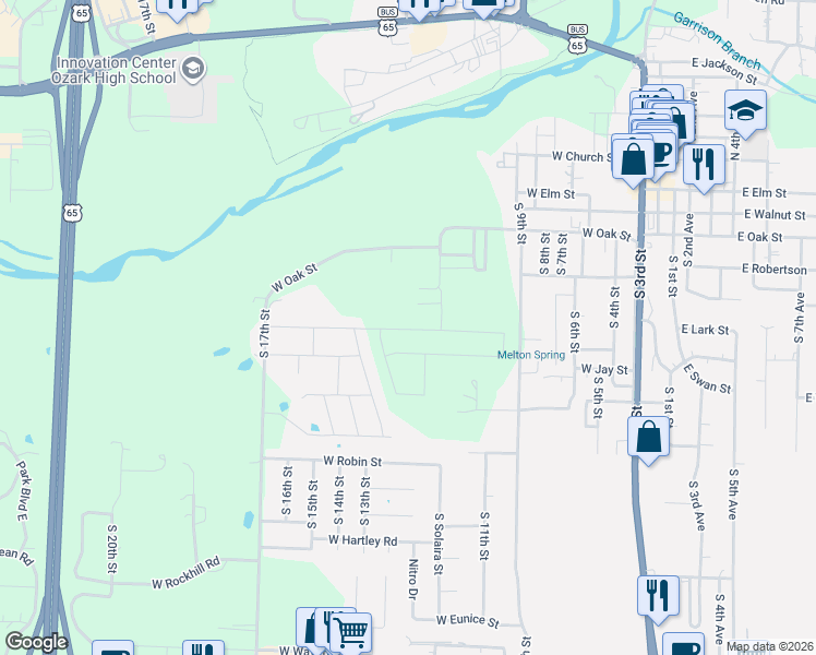 map of restaurants, bars, coffee shops, grocery stores, and more near 715 South 11th Street in Ozark