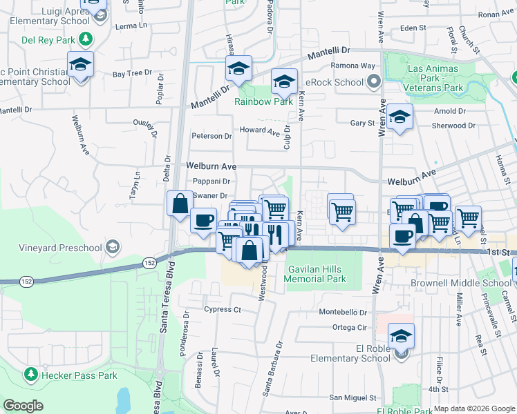 map of restaurants, bars, coffee shops, grocery stores, and more near 8200 Westwood Drive in Gilroy