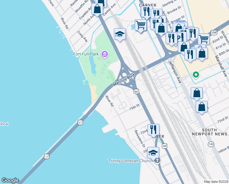 map of restaurants, bars, coffee shops, grocery stores, and more near 75 Towne Square Drive in Newport News