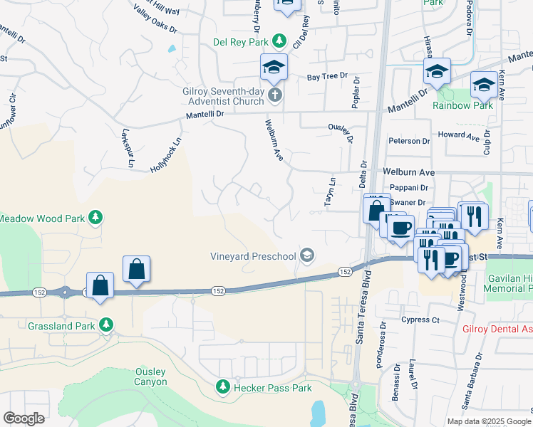map of restaurants, bars, coffee shops, grocery stores, and more near 8262 Rancho Real in Gilroy