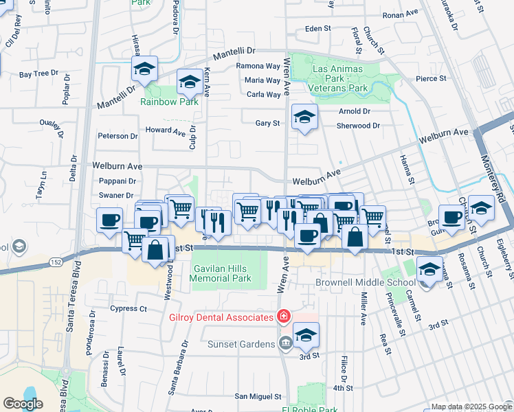 map of restaurants, bars, coffee shops, grocery stores, and more near 871 El Cerrito Way in Gilroy