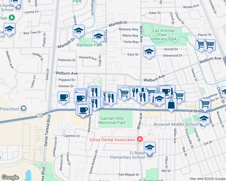map of restaurants, bars, coffee shops, grocery stores, and more near 8200 Kern Avenue in Gilroy