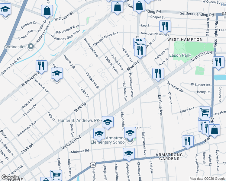 map of restaurants, bars, coffee shops, grocery stores, and more near 461 Algonquin Road in Hampton