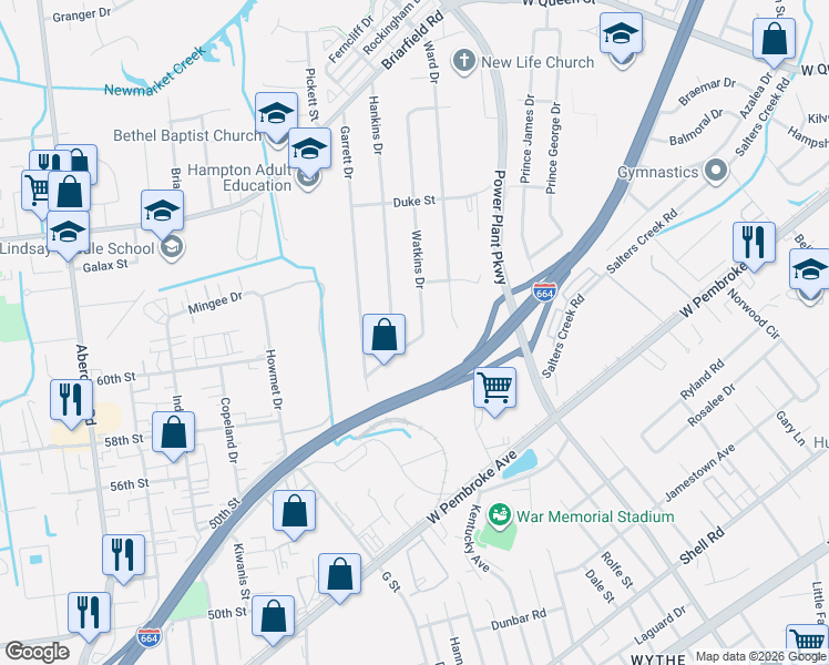 map of restaurants, bars, coffee shops, grocery stores, and more near 236 Watkins Drive in Hampton