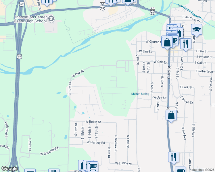 map of restaurants, bars, coffee shops, grocery stores, and more near 715 South 11th Street in Ozark