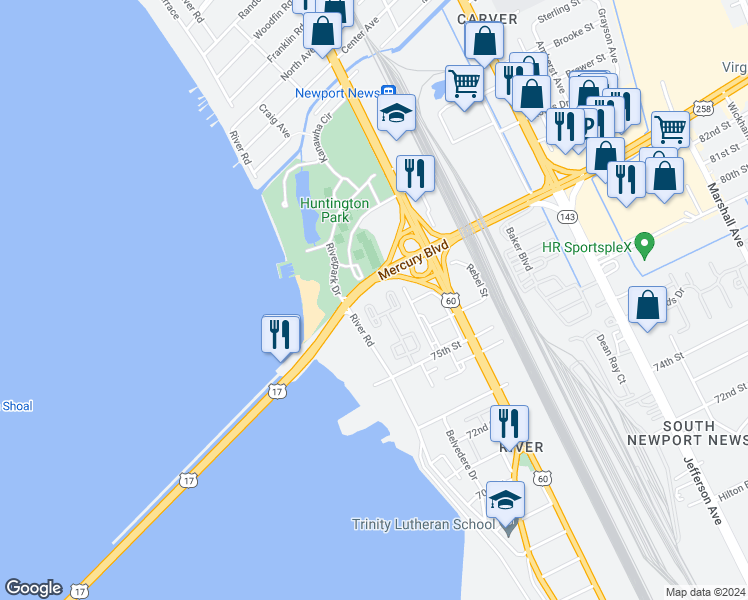 map of restaurants, bars, coffee shops, grocery stores, and more near 85 Towne Square Drive in Newport News