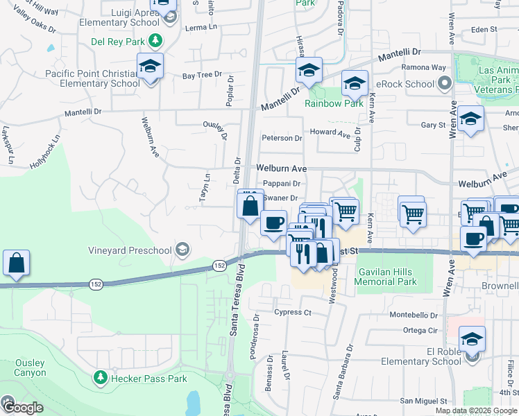 map of restaurants, bars, coffee shops, grocery stores, and more near 8266 Gaunt Avenue in Gilroy