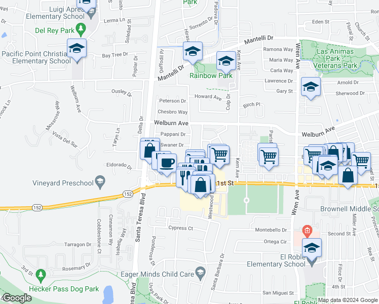 map of restaurants, bars, coffee shops, grocery stores, and more near 8247 Kelton Drive in Gilroy