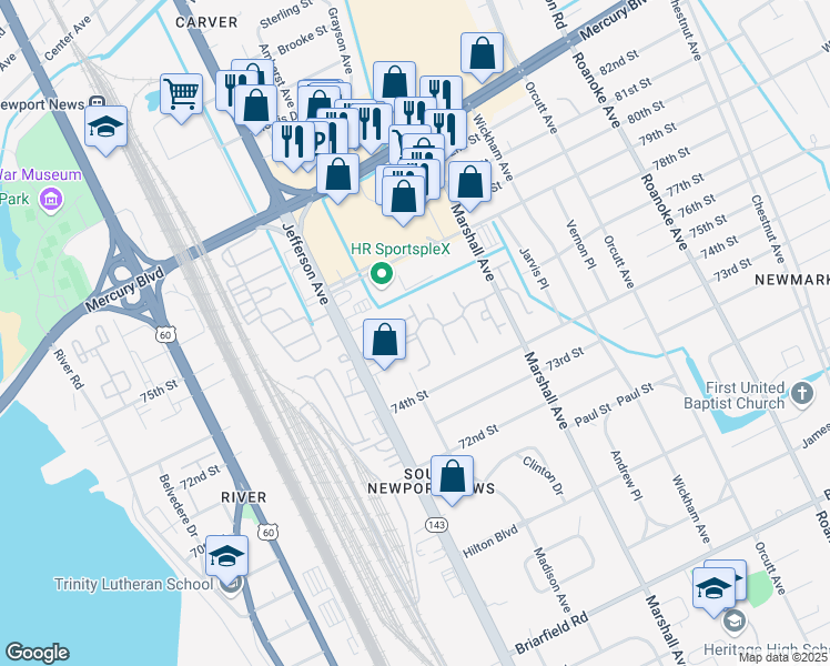 map of restaurants, bars, coffee shops, grocery stores, and more near 40 Riverlands Drive in Newport News