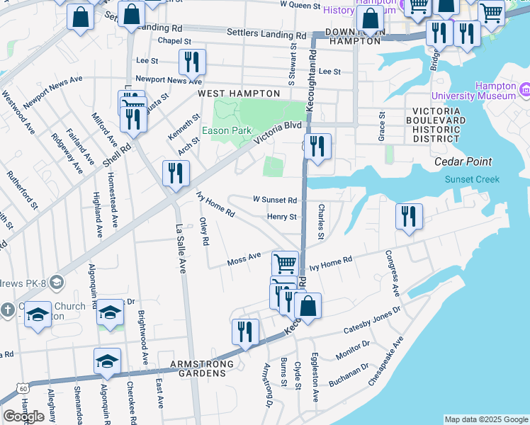 map of restaurants, bars, coffee shops, grocery stores, and more near 35 Henry Street in Hampton