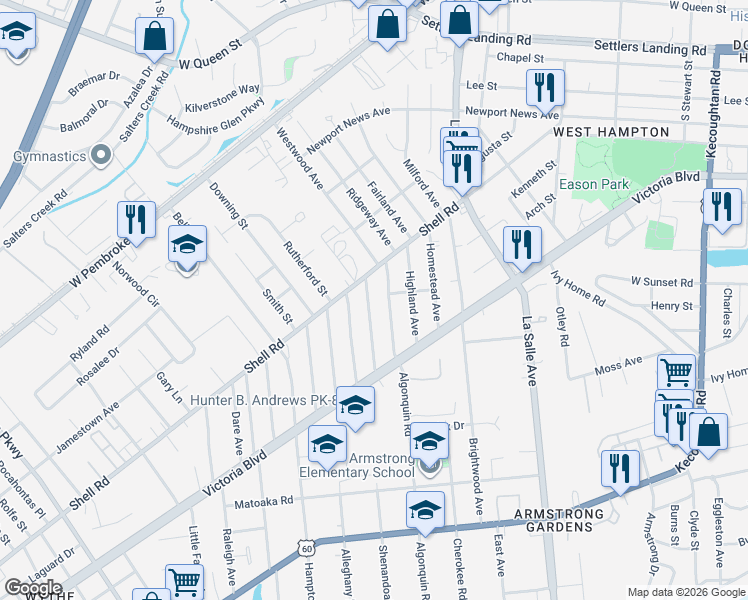 map of restaurants, bars, coffee shops, grocery stores, and more near 461 Algonquin Road in Hampton