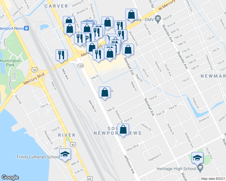 map of restaurants, bars, coffee shops, grocery stores, and more near 39 Riverlands Drive in Newport News