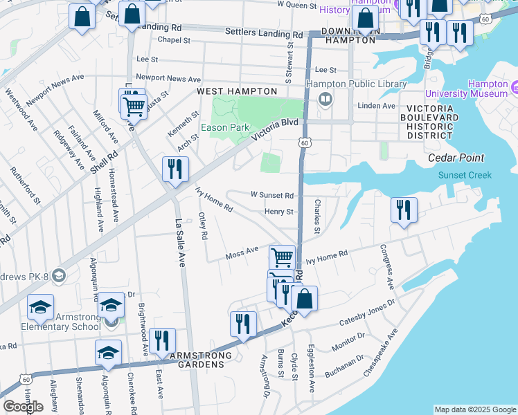 map of restaurants, bars, coffee shops, grocery stores, and more near 37 Henry Street in Hampton