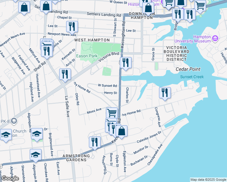 map of restaurants, bars, coffee shops, grocery stores, and more near 9 Henry Street in Hampton