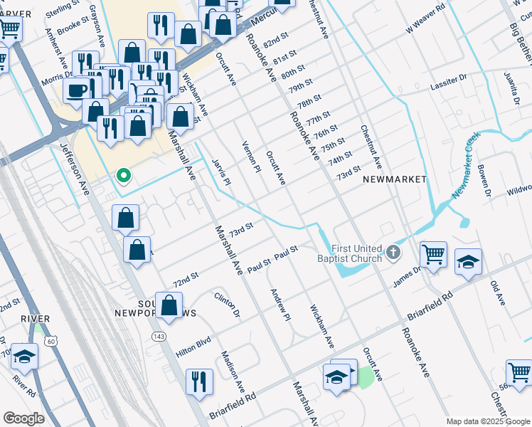 map of restaurants, bars, coffee shops, grocery stores, and more near 7300 Wickham Avenue in Newport News