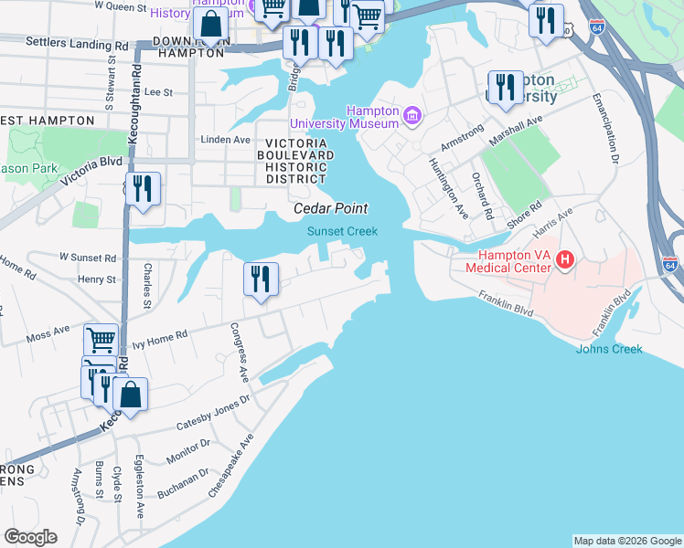 map of restaurants, bars, coffee shops, grocery stores, and more near 20 Ivy Home Road in Hampton