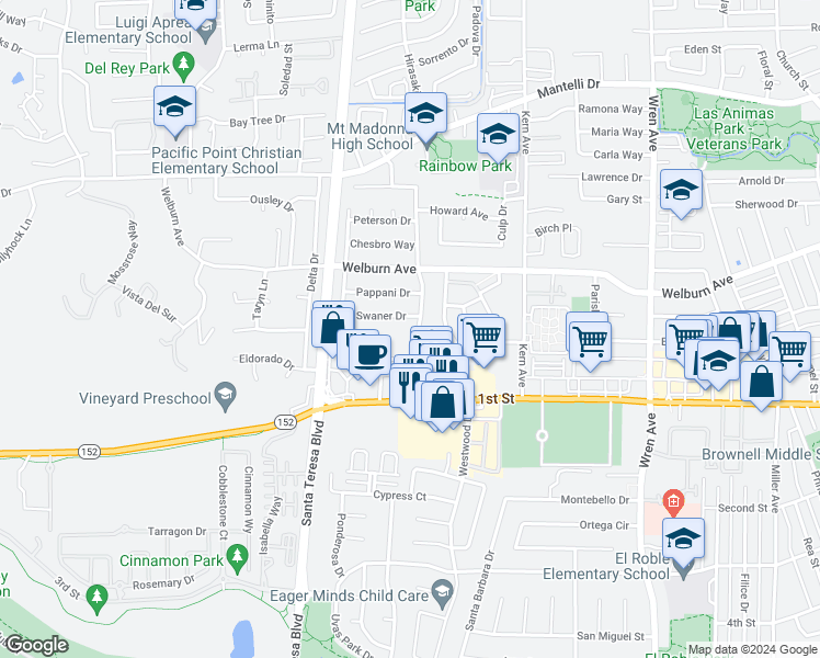 map of restaurants, bars, coffee shops, grocery stores, and more near 8247 Kelton Drive in Gilroy