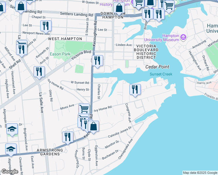 map of restaurants, bars, coffee shops, grocery stores, and more near 36 East Southampton Avenue in Hampton