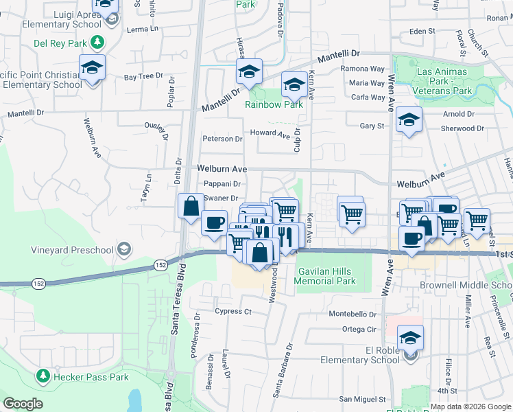 map of restaurants, bars, coffee shops, grocery stores, and more near 8200 Westwood Drive in Gilroy