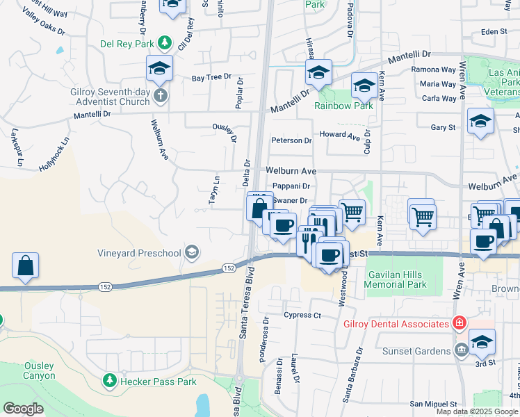 map of restaurants, bars, coffee shops, grocery stores, and more near 8266 Gaunt Avenue in Gilroy