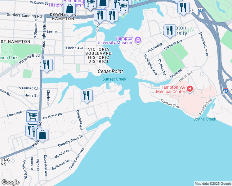 map of restaurants, bars, coffee shops, grocery stores, and more near 20 Ivy Home Road in Hampton