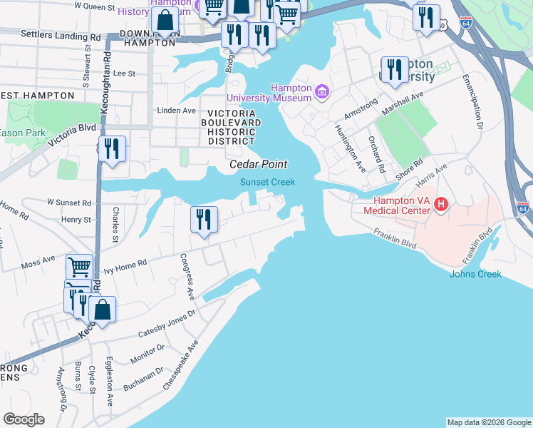 map of restaurants, bars, coffee shops, grocery stores, and more near 20 Ivy Home Road in Hampton