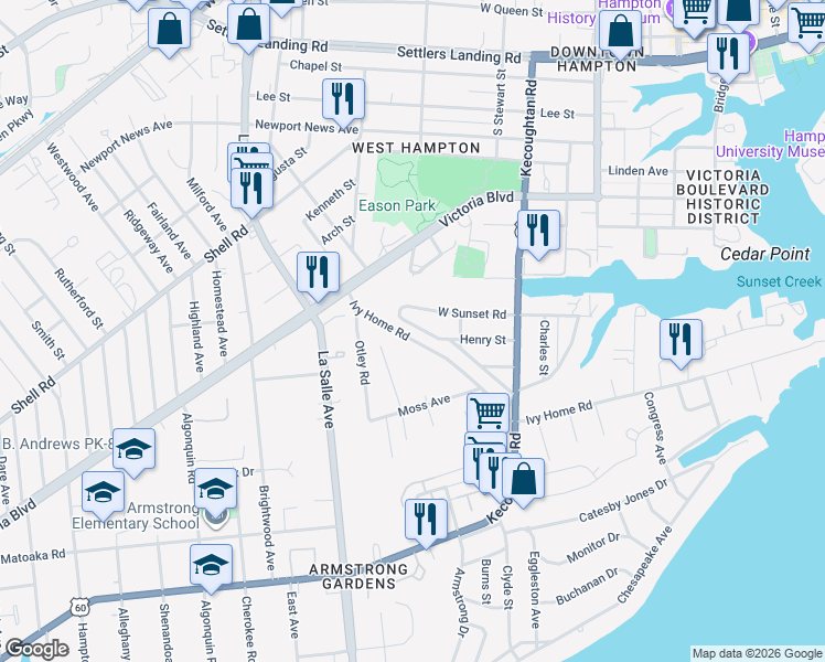 map of restaurants, bars, coffee shops, grocery stores, and more near 339 Ivy Home Road in Hampton