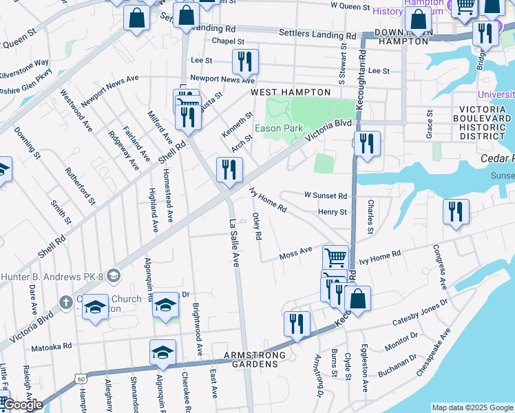 map of restaurants, bars, coffee shops, grocery stores, and more near 356 Otley Road in Hampton